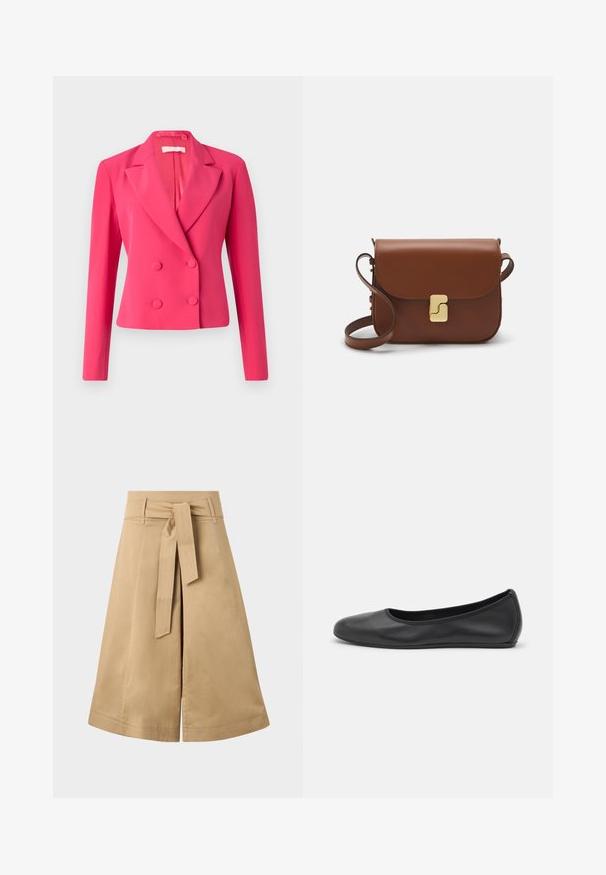 Dwurzędowa marynarka w jaskrawo różowym kolorze, charakteryzująca się strukturalnym designem, ostrymi klapami oraz dwoma okrągłymi guzikami do zapięcia. Gładka tekstura materiału.; Biała koszulka krótki rękaw wykonana z materiału prążkowanego. Okrągły dekolt, regularny krój i subtelne detale szwów. Bez wzorów ani grafik.; Khaki midi spódnica w stylu wrap z paskiem do przewiązania, wykonana z lekkiej bawełny, z rozszerzanym fasonem i widocznymi detalami szycia.; Czarne skórzane baletki z zaokrąglonym noskiem, gładką fakturą, minimalnymi przeszyciami i elastycznym designem podeszwy.; Brązowa skórzana torebka na ramię z klapką, złotymi detalami, paskiem na ramię i gładką teksturą. Kompaktowy prostokątny kształt.