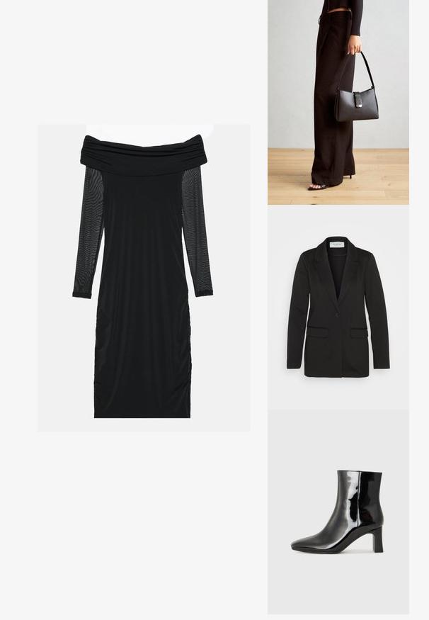 Černý blazer vyrobený z měkké látky, s jedním knoflíkem, klopovým límcem a dvěma předními kapsami bez ozdob.; Černé šaty bez ramínek s dlouhými průhlednými síťovanými rukávy, nabíranými boky, hladkým materiálem a přiléhavým střihem.; Černé lakované kotníkové boty s špičatou špičkou a středně vysokým blokovým podpatkem. Hladká textura a minimalistický design.; Černá kabelka se strukturovaným tvarem, hladkým povrchem a kovovým uzávěrem. Kombinována s širokými černými kalhotami a sandály s otevřenou špičkou na dřevěné podlaze.