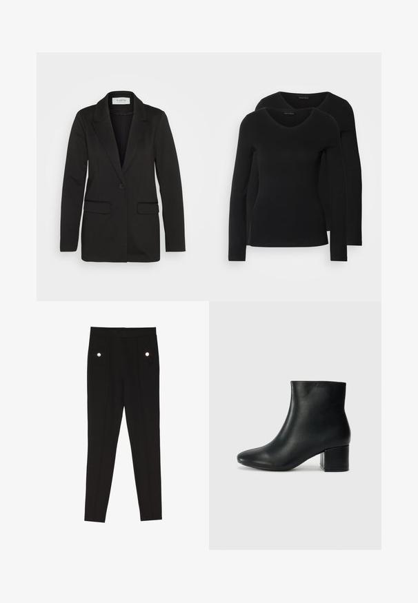Sacou negru dintr-un material moale, cu închidere cu un singur nasture, rever ascuțit și două buzunare frontale fără broderii.; Două cămăși negre cu mâneci lungi și decolteu în V, fabricate dintr-un material moale și elastic, cu o textură netedă și o formă ajustată.; Pantaloni negri din stofă fină, cu o textură netedă, având două buzunare frontale cu accente decorative din metal și un design slim-fit.; Cizme negre din piele până la gleznă, cu vârf ascuțit și toc robust. Textură netedă, cu accente minime și un design elegant, ajustat.