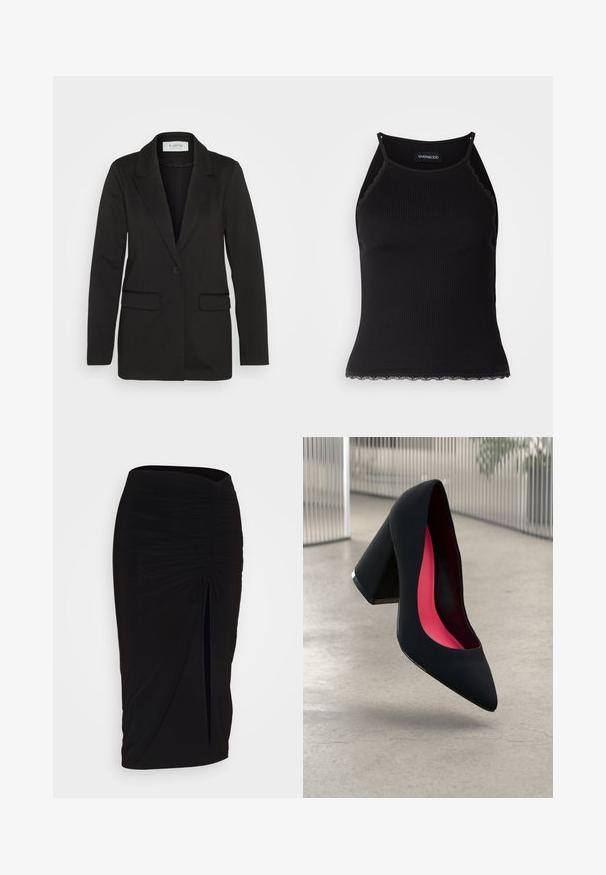 Blazer noir en tissu doux, avec une fermeture à bouton unique, des revers crantés et deux poches avant sans embellissements.; Débardeur noir à côtes avec une bordure en dentelle festonnée à l'ourlet. Présente des bretelles fines et une coupe ajustée. Fabriqué en tissu extensible.; Jupe crayon noire froncée avec détail à nouer et fente latérale. Fabriquée à partir d'un tissu extensible, elle présente une texture lisse et une coupe ajustée.; Chaussure à talon noir avec un bout pointu, surface texturée et un intérieur rose vif. Dotée d'un talon épais avec un accent en argent.