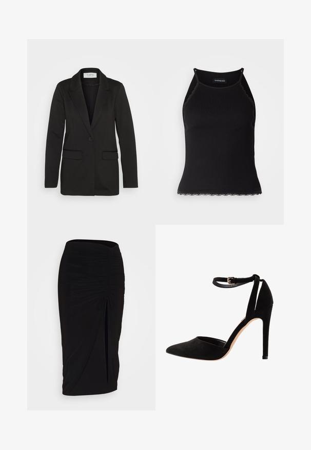 Mustikasest pehmest kangast bleiser, millel on üks nööp ja sälkadega krae, ning kaks eesmist taskut ilma kaunistusteta.; Must mustriba top musta servadega äärega. Omab peeneid rihmu ja istuvat disaini. Valmistatud venivast kangast.; Mustast, rikutud pliiatsiseelik sidumisdetailiga ja küljes lahtise lõhenemisega. Valmistatud venivast kangast, millel on sile tekstuur ja keha lähedane lõige.; Mustad sametist kõrged kontsad terava varbaga, pahkluu rihmaga ja stilettokontsaga. Disain on lihtne ja sujuva tekstuuriga, minimaalse detailitööga.