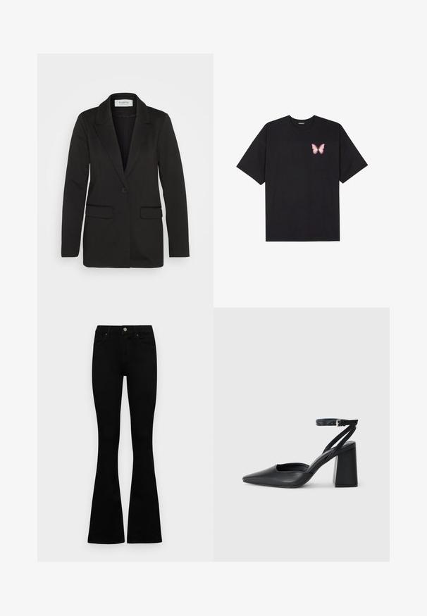 Musta bleiseri, joka on valmistettu pehmeästä kankaasta. Siinä on yksi nappi kiinnitys, viistot kaulukset ja kaksi etutaskua ilman koristeita.; Musta puuvillapaita lyhyillä hihoilla, jossa on pieni vaaleanpunainen perhosgrafiikka vasemmassa rinnassa. Pyöreä kaula-aukko ja rento istuvuus.; Mustat korkeavyötäröiset farkut nappi- ja vetskariyläosalla, etutaskuilla ja levenevillä lahkeilla, asetettuna tasaisesti valkoista taustaa vasten.; Mustat nahkakengät, joissa on kapea kärki, nilkkaremmi ja paksu korko. Tasainen pinta, tyylikäs muotoilu ja minimalistinen estetiikka.