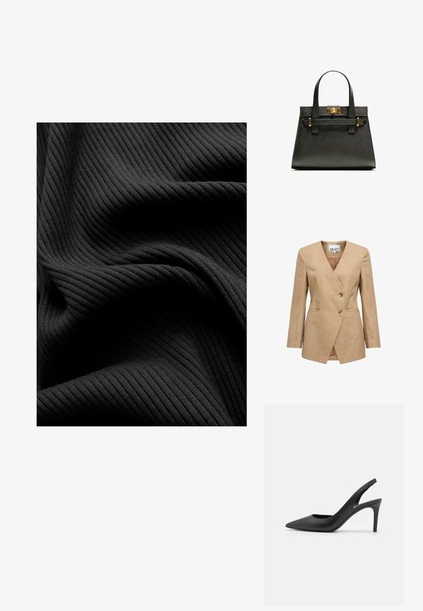 Beige blazer met een geknipt revers, éénsluitend ontwerp, twee knopen en zijzakken. Gewatteerde stof met een gladde voering.; Zwarte ribbelstof met een soepele textuur, gekenmerkt door verticale groeven en gedrapeerde plooien, wat een gelaagd uiterlijk creëert.; Zwarte leren slingback hoge hakken met een puntige neus, met een uitsparing aan de voorkant en een dunne stilettohak.; Zwarte getextureerde handtas met korte hengsels, voorzien van een gouden sluiting en accenten. Het ontwerp is gestructureerd, met een geometrische silhoeet.