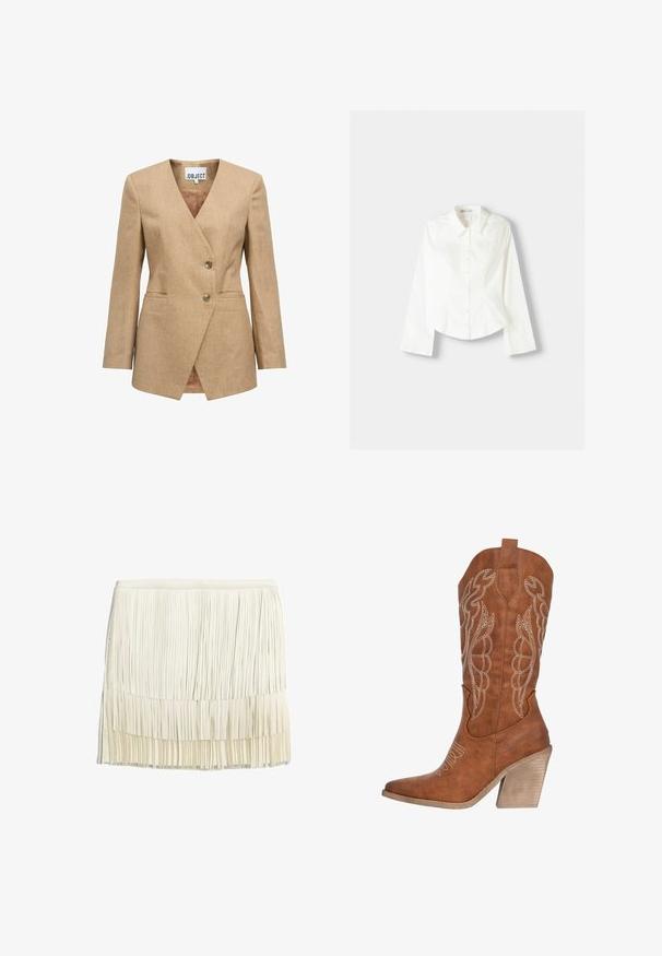 Blazer beige avec un col cranté, coupe simple boutonnée, deux boutons et poches latérales. Tissu texturé avec une doublure intérieure lisse.; Chemise blanche à manches longues, avec un col classique, une coupe structurée et des coutures verticales discrètes pour un détail supplémentaire.; Jupe à franges en crème, fabriquée à partir de bandes de tissu superposées. Elle présente une taille ajustée et un design texturé en niveaux avec des franges verticales.; Botte de cowboy en cuir marron avec un design brodé blanc, bout pointu et un talon en bloc texturé. Elle est équipée d'une languette pour un enfilage facile.