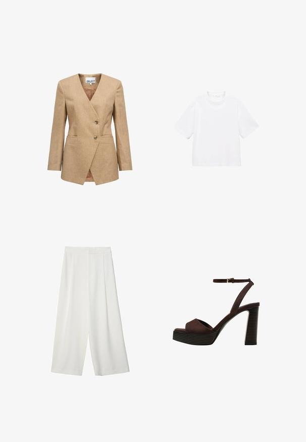 Blazer beige avec un col cranté, coupe simple boutonnée, deux boutons et poches latérales. Tissu texturé avec une doublure intérieure lisse.; T-shirt blanc en coton à manches courtes avec un col rond. Design simple, coupe décontractée, texture lisse. Aucun motif ni accent visible.; Pantalons cropped large blancs avec une texture lisse, présentant un devant plat et sans fermetures ni poches visibles.; Sandale à talons hauts en suede marron avec un bout ouvert, une bride de cheville réglable et une semelle de plateforme rayée.