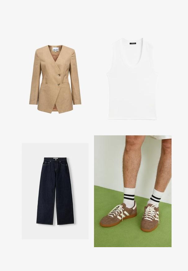 Beige blazer med et spidset revers, enkeltstående design, to knapper og sidelommer. Strukturvej til stoffet med en glat inderside.; Hvid ærmeløs tanktop med rund halsudskæring, lavet af ribbet materiale; enkel design uden mønstre eller udsmykninger.; Mørkeblå denim wide-leg jeans med høj talje, fem lommer, kontraststing og sølvfarvet metalbeslag. Glat overflade og pæn finish.; Brune ruskind sneakers med hvide detaljer og snørebånd. Gummisål i naturgummi. Båret med hvide sokker med sorte striber. Grøn struktureret gulv.