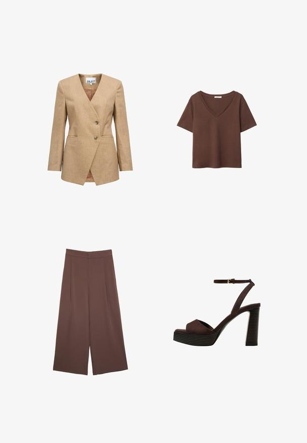Beige blazer med et spidset revers, enkeltstående design, to knapper og sidelommer. Strukturvej til stoffet med en glat inderside.; Brun bomulds t-shirt med korte ærmer og dyb V-hals. Enkel design, blød tekstur og lige kant. Ingen mønstre eller detaljer.; Brune bredbunde bukser med en glat tekstur, der har høj talje og plisseringer foran. Stoffet er let og falder løst.; Brune ruskinds højhælede sandal med åben tå, justerbar ankelrem og en stribet plade sål.