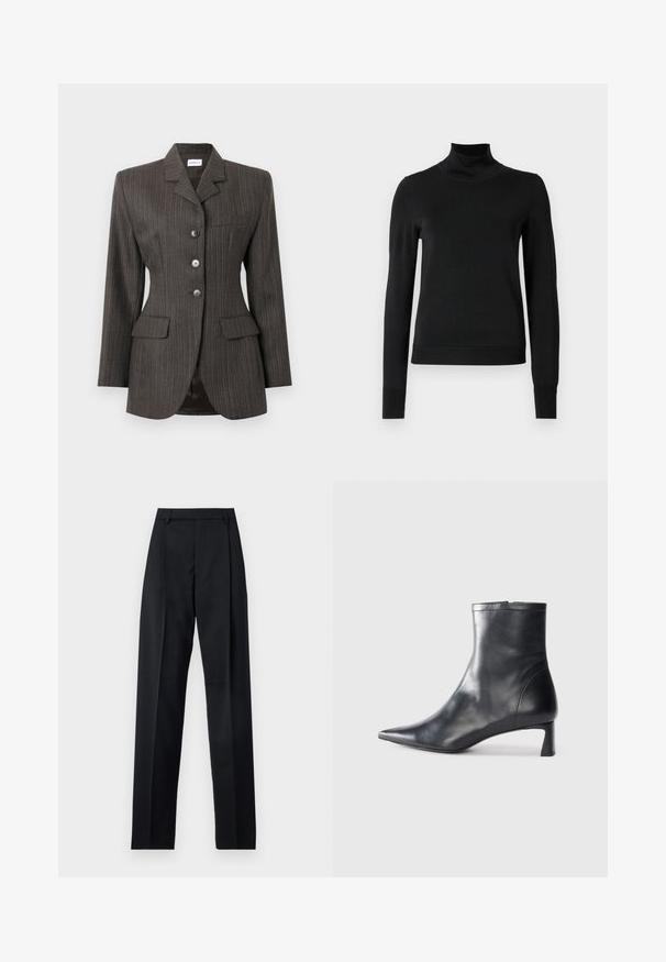 Blazer cinza escuro riscado com três botões frontais, gola de lapela recortada, dois bolsos com aba e um bolso no peito, ajuste sob medida.; Sweater preto de manga longa com gola alta, com punhos e bainha canelados, exposto em um fundo branco liso.; Calças pretas feitas de um tecido suave, com uma cintura alta, pernas largas, pregas frontais e passadores de cinto clássicos. Não há bolsos laterais visíveis.; Bota de tornozelo em pele preta com biqueira apontada e um design elegante. Apresenta um salto baixo e um fecho com zipper na parte de trás. Textura suave.