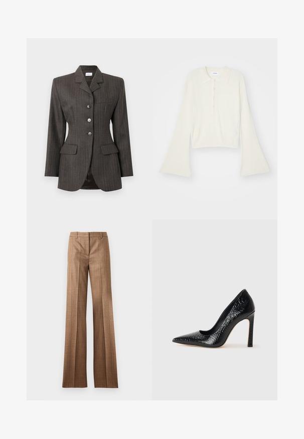 Sacou cu dungi subțiri de culoare gri închis, cu trei nasturi în față, guler cu rever, două buzunare cu clapetă și un buzunar pe piept, ajustat pe măsură.; Tricou polo cu nervuri, de culoare crem, cu mâneci lungi și evazate, și clapetă cu cinci nasturi. Prezentă un guler cu o textură moale.; Pantaloni drept cu carouri maro, cu bucle pentru curea și pliu frontal, pe un fundal gri deschis.; Pantofii cu toc înalt, ascuțiți, de culoare neagră, cu textură de piele de crocodil, având un design elegant, toc în stil stiletto și interior neted de culoare neagră.