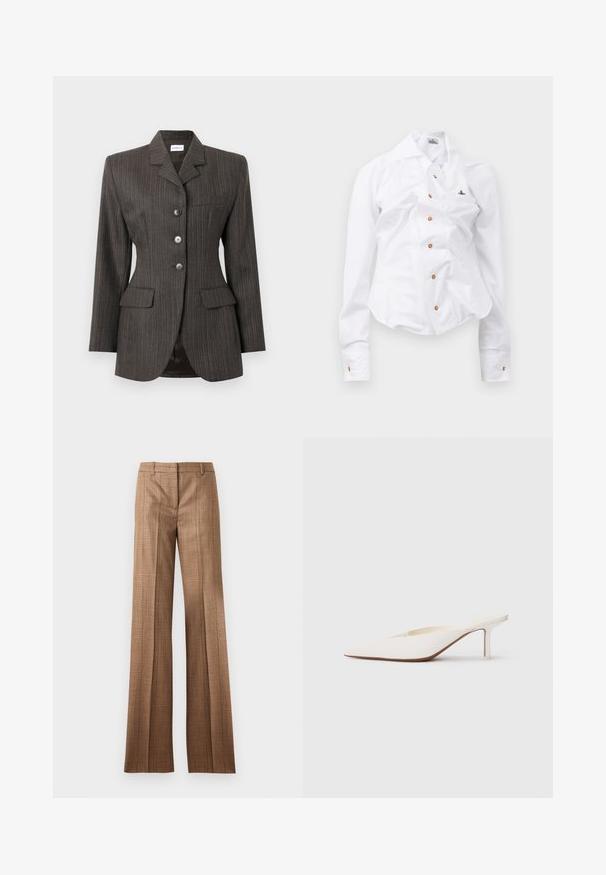 Donkergrijze blazer met krijtstreep, drie voorste knopen, reverskraag, twee klepzakken en één borstzak, slim fit.; Witte longsleeve shirt met een getailleerd ontwerp. Voorzien van een grote kraag, sluiting met knopen aan de voorkant met bruine knopen en een klein geborduurd logo.; Bruine geruite rechtlijnige broeken met riemlussen en een crease aan de voorkant op een lichtgrijze achtergrond.; Witte muiltjes met spitse neus en een lage stilettohak. Gemaakt van glad materiaal met een minimalistisch ontwerp en subtiele tan kleurige zooldetails.