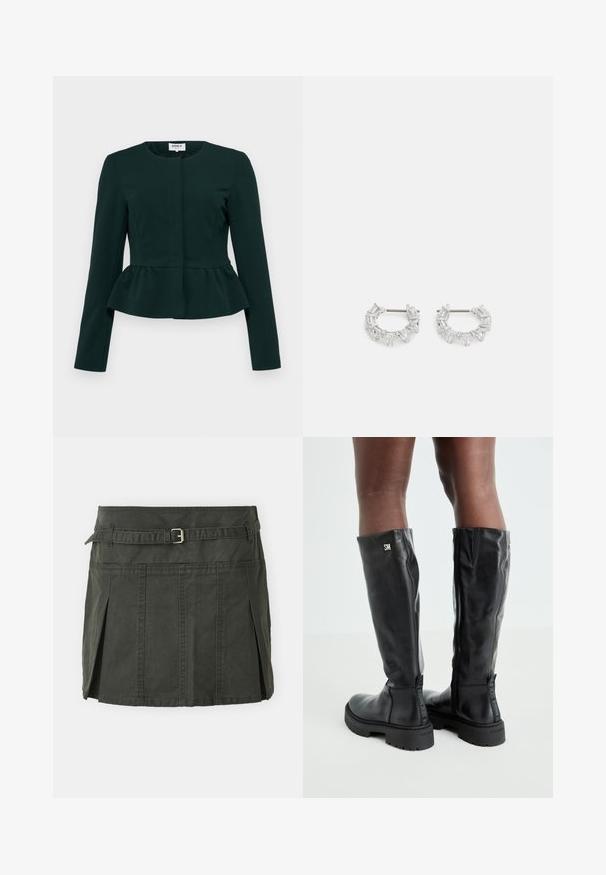 Mørkegrønn peplum-jakke med lange ermer, rund hals og frontlukking. Laget av teksturert stoff med en glatt overflate.; Lys grå kort strikkegenser med svart og hvitt blomstermønster, rund hals og ribbede mansjetter. Myk tekstur, uformelt design.; Mørkegrønn, bomulls miniskjørt med en tettsittende midje, belte og frontfolder. Har sømdetaljer og en klassisk snitt.; Svart knelengde lærstøvler med en glatt tekstur, avrundet tå, kraftig såle og glidelås. Har sølvfarget logo på siden.; Sølv hoops øredobber med klare, rektangulære og trekantede krystaller arrangert i et mønsterdesign. Stifter for sikker feste.