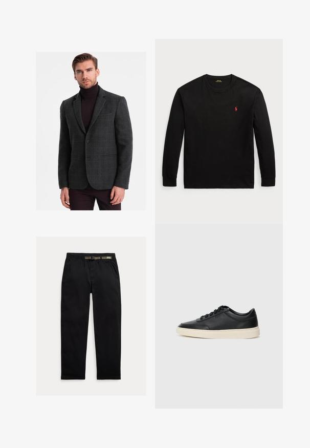 Blazer grigio a quadri realizzato in tessuto texturizzato con revers a taglio e chiusura con un bottone, abbinato a un dolcevita scuro.; T-shirt nero a maniche lunghe in cotone. Presenta un collo tondo, polsini a coste e un piccolo logo rosso ricamato sul petto. Texture liscia.; Pantaloni neri in tessuto leggero, dotati di una cintura elastica integrata di colore verde, taglio dritto e tasche laterali.; Sneaker in pelle nera a basso profilo con lacci neri e suola avorio, mostrato di profilo su sfondo bianco.