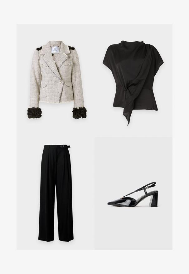 Tweed jakna svijetlo bež boje s teksturiranim završetkom, izblijeđelim rubovima, dva dugmeta i crnim cvjetnim detaljima na manžetama.; Crna bluzica od glatkog materijala, s drapiranim dizajnom i čvorastim detaljem u struku, te kratkim rukavima.; Crne široke hlače s visokim strukom, nabranima sprijeda i remenom s kopčom. Izrađene od glatkog, laganog materijala.; Crne lakirane kožne cipele s otvorenom petom, visoke potpetice, šiljastog prsta, podesivom trakom i debelim pravokutnim potplatom.