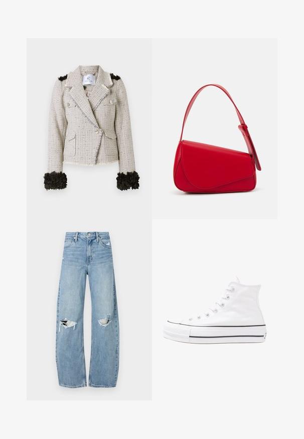 Tweed jakna svijetlo bež boje s teksturiranim završetkom, izblijeđelim rubovima, dva dugmeta i crnim cvjetnim detaljima na manžetama.; Crna oversized majica s grafikom medvjeda i natpisom "NIJE SLATKO, ALI DIVLJE" u podebljanim, bijelim slovima. Pamuk.; Svijetloplave, visoko-strukirane traperice. Imaju široke nogavice, dva razderana područja na koljenima i klasičan stil s pet džepova.; Bijela visoka platnena tenisica s crnom gumenom potplatom, prednjim gumenim zaštitnikom prstiju i šest rupa za vezanje, s čistim, minimalističkim dizajnom.; Crvena kožna torba s kutnim, geometrijskim dizajnom. Ima jedan podesivi remen i preklopni zatvarač sa šivenim detaljima.