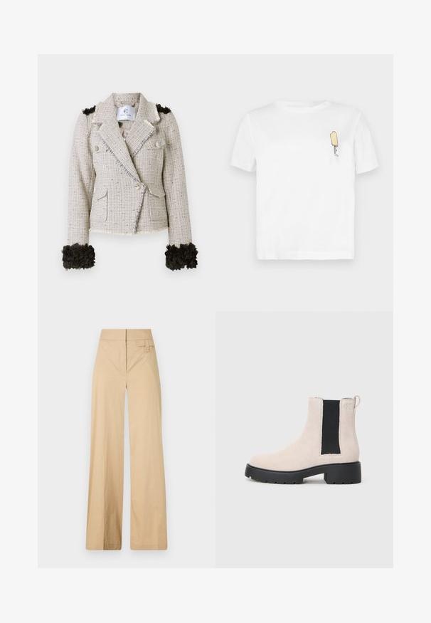 Tweedjacke in hellem Beige mit strukturiertem Finish, fransigen Kanten, zwei Knöpfen und schwarzen floralen Akzenten an den Manschetten.; Weißes Baumwoll-T-Shirt mit kurzen Ärmeln, das auf der linken Brustseite ein minimalistisches, gesticktes gelbes Eis am Stiel-Design zeigt.; Beige weite Hosen aus Baumwollmischgewebe. Sie haben eine glatte Textur, einen elastischen Bund und eine seitliche Knopfdetail.; Beige Wildleder Chelsea-Stiefel mit schwarzer elastischer Seitenpartie, dicker schwarzer Sohle und Zuglasche am Knöchel.