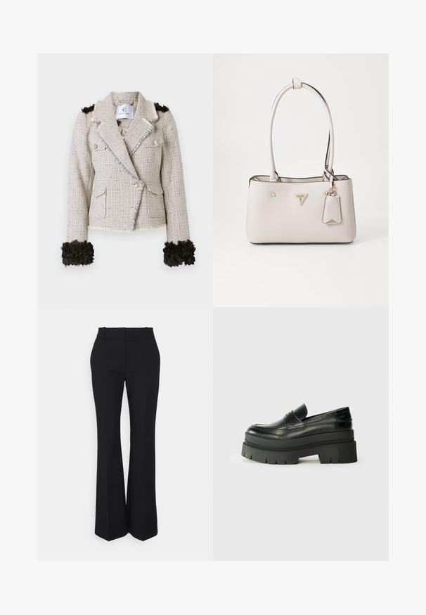 Tweedjacke in hellem Beige mit strukturiertem Finish, fransigen Kanten, zwei Knöpfen und schwarzen floralen Akzenten an den Manschetten.; Schwarzer Langarm-Bodysuit mit hohem Hals und subtiler Textur. Verfügt über einen Reißverschluss hinten und ein Tanga-Design.; Schwarze plissierte Hose mit geradem Schnitt, aus einem glatten Stoff gefertigt. Sie hat einen hohen Bund und unsichtbare seitliche Taschen.; Schwarze Lederloafer mit einer klobigen Plateausohle. Abgerundete Spitze, Nahtdetail auf der Vorderseite und dezente Nähte. Flache, strukturierte Außensohle.; Beige Handtasche aus Kunstleder mit glatter Textur, doppelten Schulterriemen, goldenen Beschlägen, Logo-Plakette und einem angehängten Etikett.