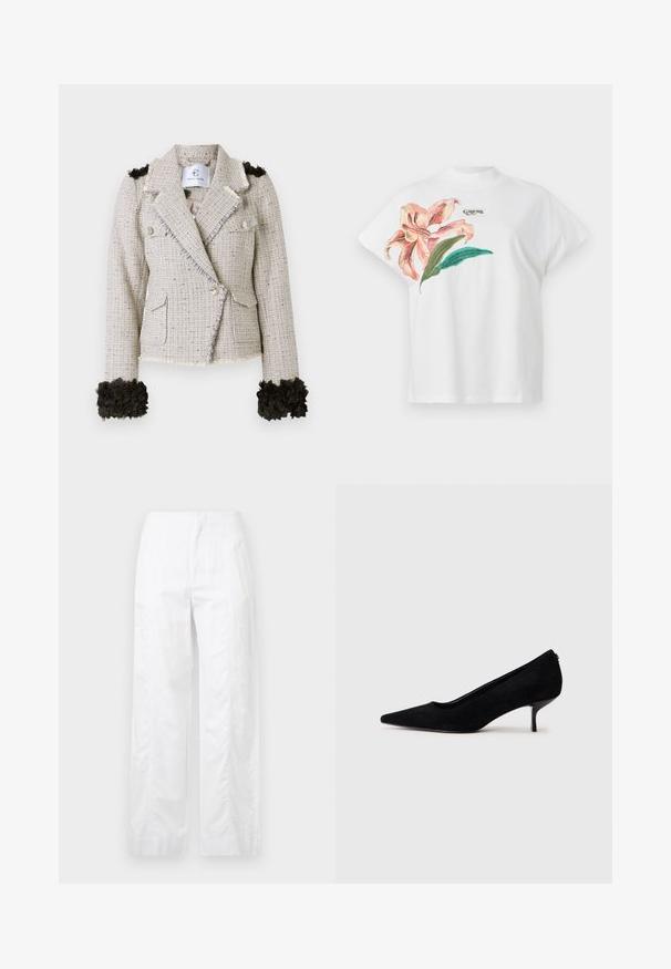 Veste en tweed beige clair avec une finition texturée, des bords effilochés, deux boutons et des accents floraux noirs au niveau des poignets.; T-shirt en coton blanc à manches courtes, avec un motif floral rose et des feuilles vertes sur le côté gauche. Logo "Guess" en gris au-dessus du motif.; Pantalons larges blancs en tissu léger, présentant une texture lisse, des lignes épurées et une taille haute.; Chaussure à talon haut en suede noir avec un bout pointu et un talon fin et bas. Texture lisse avec un design épuré, sans matériel visible.