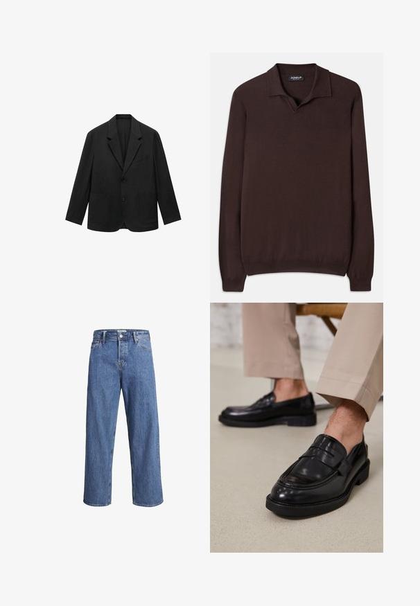 Zwarte op maat gemaakte blazer met een revers, twee knopen en twee voorzakken. Gemaakt van gladde stof, met een strakke, gestructureerde uitstraling.; Dondup REGULAR FIT SHIRT - Trui - cioccolato; Lichtblauwe denimjeans met een recht model, hoge taille en minimale stiksels. De stof heeft een zachte, licht vervaagde textuur.; Zwarte leren loafers met een gladde afwerking, voorzien van een decoratieve band en contrasterende stiksels, gecombineerd met beige broeken.