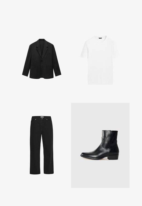 Zwarte op maat gemaakte blazer met een revers, twee knopen en twee voorzakken. Gemaakt van gladde stof, met een strakke, gestructureerde uitstraling.; Witte katoenen t-shirt met een ronde hals, korte mouwen en een rechte snit. Heeft een gladde, lichtgewicht textuur en geen zichtbare patronen.; Zwarte denim jeans met een rechte pasvorm, vijf-pocket ontwerp, koperen hardware accenten en een stevige tailleband. Gladde textuur, onopgesmukt stijl.; Zwarte leren enkelboot met een spitse neus, decoratieve stiksels en een lage blokhak. Soepele textuur met subtiele designaccenten.