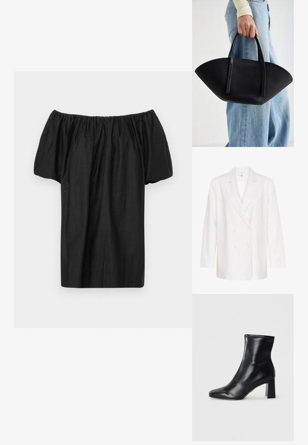 Blazer blanco de doble botonadura con solapas con muesca, mangas largas y dos bolsillos frontales. Fabricado con un tejido ligero y texturizado.; Blusa negra sin mangas, confeccionada en una tela ligera, con un escote fruncido y mangas cortas y abullonadas. Diseño simple y sin adornos.; Botín negro de cuero hasta el tobillo con punta afilada y un tacón cuadrado estructurado. Textura suave con un diseño elegante y minimalista.; Bolso de mano de cuero negro con una forma de abanico única, que cuenta con asas planas. La superficie tiene una textura de grano y un diseño minimalista.