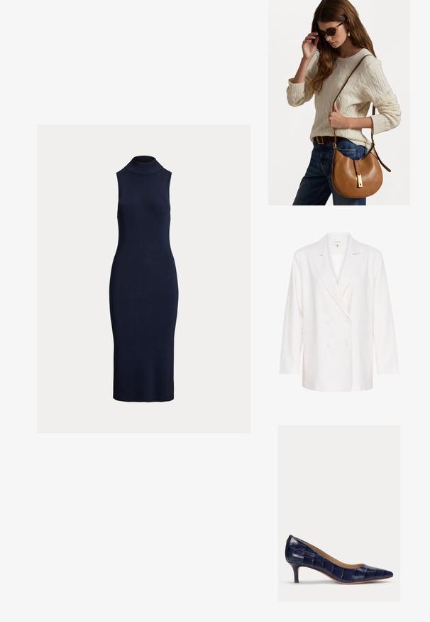 Bijela sako jakna s dvostrukim dugmadi, nazubljenim reverima, dugim rukavima i dva prednja džepa. Izrađena od lagane, teksturirane tkanine.; Tamnoplava haljina bez rukava s rebrastim uzorkom, visokim ovratnikom i tijesnim krojem, izrađena od teksturiranog pletenog materijala.; Navy plava, lakirana visoka peta s uskim vrhom i malom, vitkom potpeticom. Sadrži kviltanu teksturu i bez vidljivih metalnih detalja.; Smeđa kožna torba za rame s ovalnim oblikom i zlatnim detaljima. Model nosi krem pleteni pulover i plave traperice.