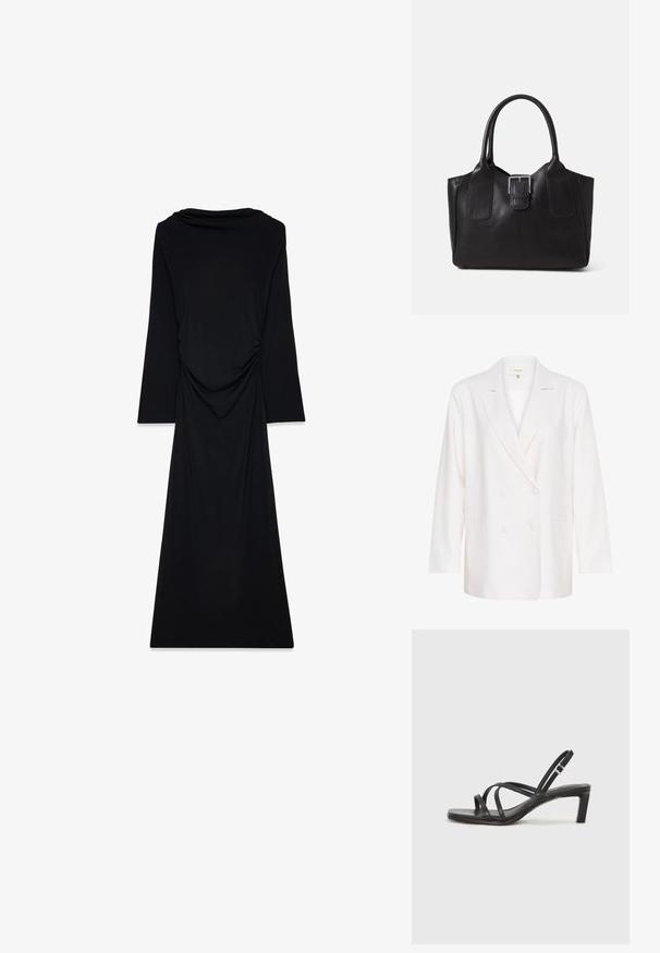 Valge kahekordne bleiser, millel on nurgelised kraed, pikad varrukad ja kaks eesmist taskut. Valmistatud kergest, tekstureeritud kangast.; Pikk must kleit siledast kangast, millel on pikad varrukad, voolav korsetikaelus ja volditud detail seljal, otse siluetiga.; Mustast rihmajalatsid ruudukujulise varba ja madala ploki kontsaga. Omab mitmeid õhukesi rihmasid ja reguleeritavat pahkluu rihma. Valmistatud siledast nahast.; Mustgamma nahast kott, millel on sile tekstuur, struktureeritud kuju, kaks käepidet ja esiküljel silmapaistev hõbedane pandla detail.