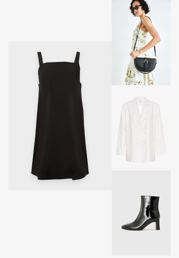 Balta dvigubo priekinio užsegimo švarkas su įpjovomis ant atlapų, ilgomis rankovėmis ir dviem priekinių kišenių. Pagamintas iš lengvos, tekstūruotos medžiagos.; Juoda be rankovių suknelė su kvadratiniu iškirpimu, pagaminta iš lygaus audinio, turinti laisvą kirpimą ir tiesų siluetą. Be matomų raštų ar aksesuarų.; Juodos lakuotos odinės aulinukės su smailiu pirštu ir vidutinio aukščio blokuotu kulnu. Lygus paviršius ir minimalistinis dizainas.; Juodas odinis krepšys su išlenkta forma, nuimamu dirželiu ir auksiniais detalėmis. Krepšys turi kilpą su sagtimi.