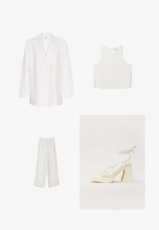 Bílé dvouřadé sako s klopami, dlouhými rukávy a dvěma předními kapsami. Vyrobeno z lehké, texturované látky.; Bílý bezrukávový top s kulatým výstřihem, který má jemnou texturu, detaily v oblasti zad ve tvaru klíčové dírky a rovný lem.; Bílé široké kalhoty vyrobené z lehké tkaniny. Mají elastický pas se šňůrkou a boční kapsy. Hladká textura.; Bílé sandály na vysokém podpatku s robustním podpatkem, s designem s pásky a zavazováním kolem kotníku. Hladký povrch s platformou vpředu pro zvýšení výšky.