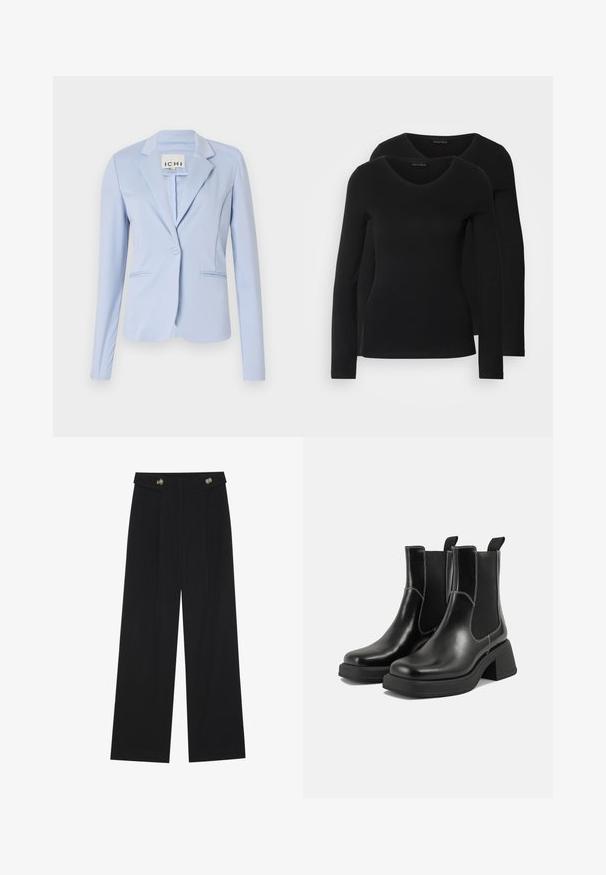 Lys blå blazer laget av glatt stoff, med en brystlapp, enkelt knappelukking og to frontlommer. Skreddersydd passform med lange ermer.; To svarte langermede skjorter med V-halsdesign, laget av mykt, elastisk stoff, viser jevn tekstur og en tettsittende fasong.; Svart vide bukser med høy midje, knappdetaljer på midjebåndet og frontplisser.; Sorte lær Chelsea støvler med en kraftig hæl, elastiske sidepaneler og kontrasterende hvid syning. Teksturert overflate.