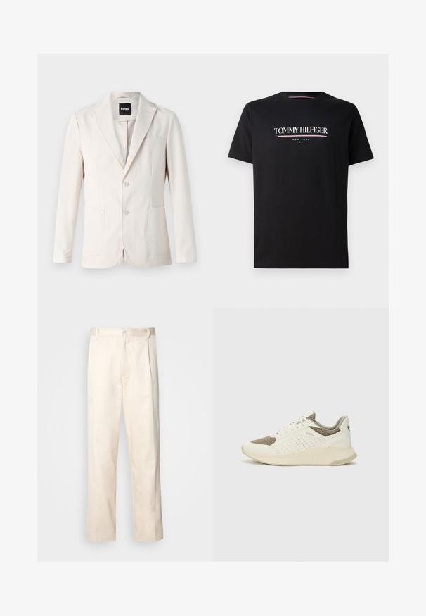 Beige blazer with a single-breasted design, two front pockets, notch lapel, and button closure. Smooth texture with a tailored fit.; Black cotton t-shirt featuring a white and colored "TOMMY HILFIGER" logo with "NEW YORK" and "1985" in smaller text below. Short sleeves, crew neck.; Beige cotton trousers with a straight-leg cut, featuring a button closure and pleats at the front for added detail.; White and light beige athletic sneaker, featuring a mesh upper, perforated detailing, and a textured midsole with branding on the heel.