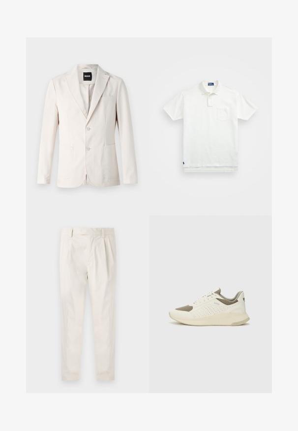 Beige blazer med enkeltknap-design, to forlommer, notch-lapel og knaplukning. Glat tekstur med en skræddersyet pasform.; Hvid polo-shirt lavet af bomuld, med en klassisk krave, tre-knaps knaplukning og en lomme på venstre bryst; lille logo ved kanten.; Hvide, plisserede bukser med en skræddersyet pasform, der har en glat overflade, bæltestropper og smalnede ben. Ingen synlige lommer eller mønstre.; Hvide og lyse beige sportssko med en mesh-overdel, perforerede detaljer og en tekstureret mellemsål med branding på hælen.