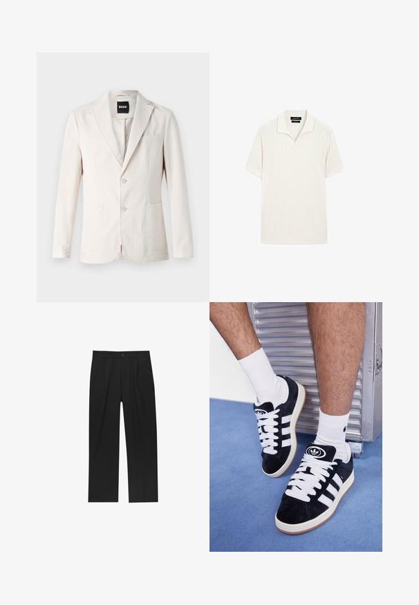 Beige blazer with a single-breasted design, two front pockets, notch lapel, and button closure. Smooth texture with a tailored fit.; Short-sleeve polo shirt in cream with ribbed texture and a flat collar. Features a straight hem and soft material for comfort.; Black pants with a straight-leg design, made from a smooth fabric. Features front pleats and a single button closure at the waist.; Black suede sneakers with white laces and three white stripes. Features a circular black logo on the tongue and a gum rubber sole.