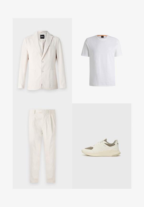 Beige blazer with a single-breasted design, two front pockets, notch lapel, and button closure. Smooth texture with a tailored fit.; White cotton t-shirt with short sleeves and a crew neckline. Features a subtle front logo patch and an orange accent at the collar.; White, pleated trousers with a tailored fit, featuring a smooth texture, belt loops, and tapered legs. No visible pockets or patterns.; White and light beige athletic sneaker, featuring a mesh upper, perforated detailing, and a textured midsole with branding on the heel.