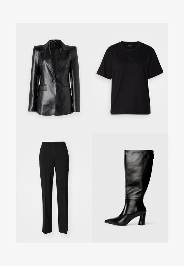 Μαύρο δερμάτινο σακάκι με ανάγλυφο πέτο, κλείσιμο με έναν μόνο κουμπί και δύο μπροστινές τσέπες. Διαθέτει λεία υφή και κομμένο στη φόρμα.; Μαύρο βαμβακερό μπλουζάκι με στρογγυλή λαιμόκοψη, κοντά μανίκια και κεντημένο λογότυπο στο στήθος. Απλή, χαλαρή γραμμή χωρίς σχέδια.; Μαύρο παντελόνι με ραφή που έχει σχεδιασμό ίσιας γραμμής, διαθέτει λεία υφή και καθαρές πτυχώσεις κατά μήκος της μπροστινής πλευράς. Χωρίς ορατό μεταλλικό υλικό.; Μαύρη δερμάτινη μπότες μέχρι το γόνατο με μυτερή μύτη, λεία υφή και χοντρό τακούνι. Διαθέτει λεπτομέρεια φερμουάρ στο πίσω μέρος.