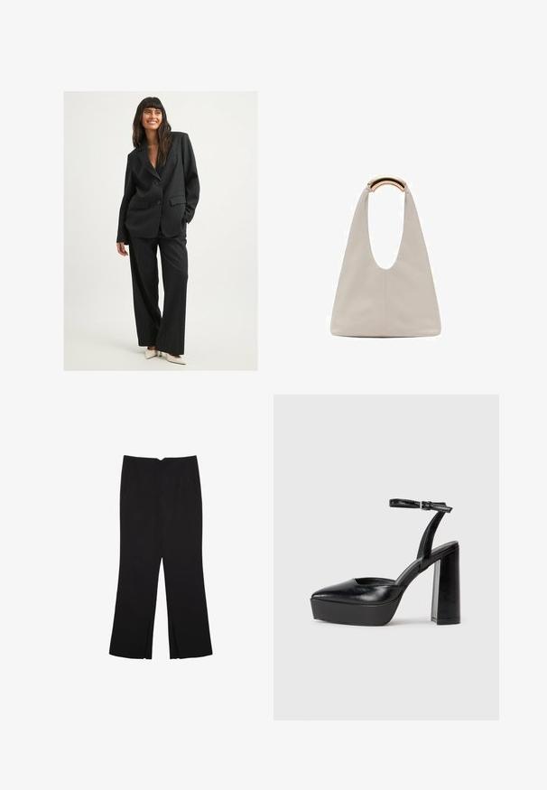 Črno prugasto obleko s sproščenim krojem. Vsebuje blazer z dvojnim gumbom in široke hlače. Gladek material, minimalni dodatki in žepi.; Črn dolgi pulover iz pletenine z oblazinjenimi rameni ter rebrastimi manšetami in robom, prikazan na beli podlagi.; Črne hlače ravnega kroja z naglavnimi žepi in stranskimi razporki na robu. Narejene iz mehke, gladke tkanine. Primerne za različne priložnosti.; Črne platforme z visokimi petami in koničastim nosom ter nastavljivim gležnjenjskim trakom. Narejene iz gladke usnje, s kockasto peto.; Svetlo siva usnjena torba z U-oblika zasnovo in ukrivljenim kovinskim ročajem. Gladka tekstura z minimalnim šivom in brez vidnih vzorcev.