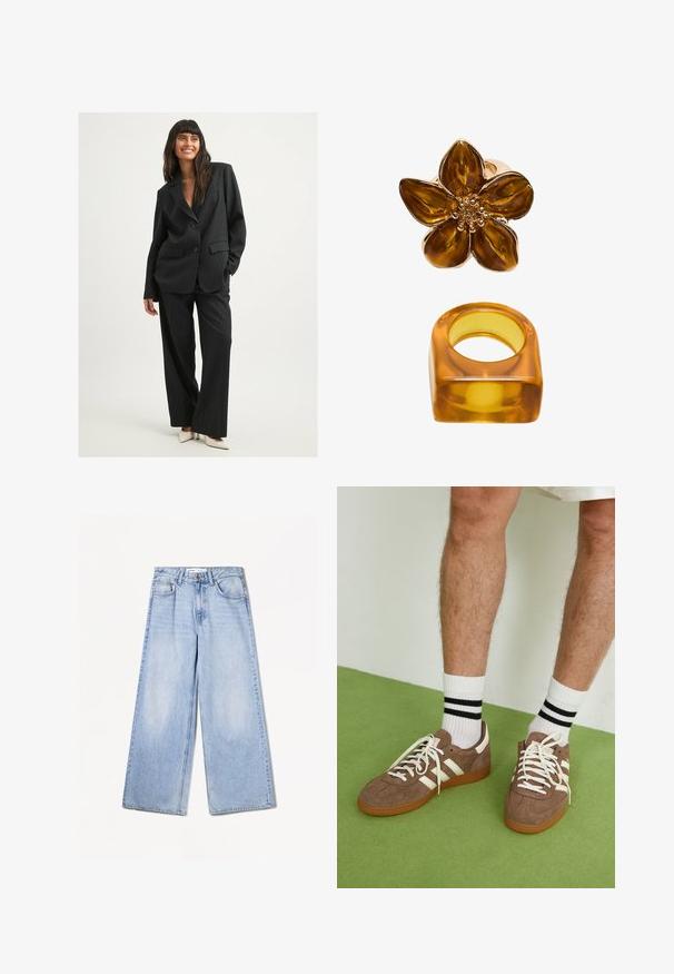 Schwarzer Anzug mit Nadelstreifen und lässigem Schnitt. Enthält ein Blazer mit doppeltem Knopf und weite Hosen. Glatter Stoff, minimale Akzente und Taschen.; Braunes, ärmelloses Top mit gerafftem Dekolleté, verstellbaren Spaghettiträgern, rüschierten Kanten und einem lockeren Schnitt mit Schnürung.; Bershka WIDE-LEG - Wide Leg - light-blue denim; Braune Wildleder-Sneaker mit weißen Akzenten und Schnürsenkeln. Gummisohle in Kautschuk-Optik. Getragen mit weißen Socken, die schwarze Streifen haben. Grüner strukturierter Fußboden.; Bernsteinfarbener Blumenring mit glänzender Oberfläche und rundem Zentrum, begleitet von einem passenden quadratischen Bernsteinring.