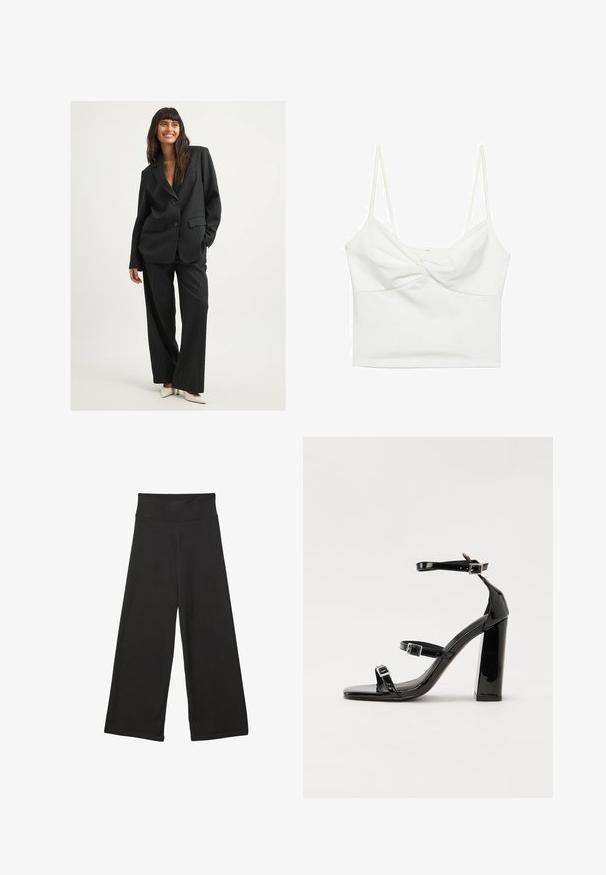 Black pinstriped suit with a relaxed fit. Features a double-button blazer and wide-leg trousers. Smooth fabric, minimal accents, and pockets.; White cropped tank top with thin spaghetti straps, featuring a twisted front design and smooth texture. Made from stretchy fabric.; Black wide-leg pants featuring a high elastic waistband, soft fabric, and a loose fit, suitable for casual wear or relaxed settings.; Black patent heeled sandals with a square toe, ankle straps, and silver buckles. Features a chunky block heel for stability.