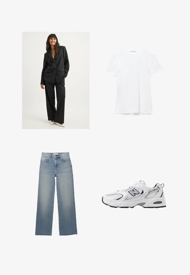 Completo a righe nere con una vestibilità rilassata. Presenta un blazer a doppio petto e pantaloni a gamba larga. Tessuto morbido, minimi dettagli e tasche.; T-shirt bianco a maniche corte realizzato in tessuto liscio, caratterizzato da un colletto rotondo e dettagli di cucitura discreti all'orlo.; Jeans a gamba larga di un azzurro chiaro, realizzati in denim, con vita alta, tasche frontali e chiusura con bottone. Texture liscia con zone sbiadite.; Scarpa sportiva bianca con tomaia in mesh, dettagli in blu marino e suola imbottita. Presenta il logo "N", lacci e dettaglio texturizzato sul lato.