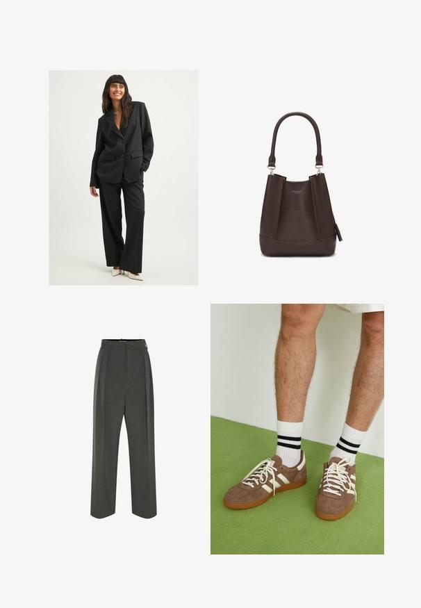 Schwarzer Anzug mit Nadelstreifen und lässigem Schnitt. Enthält ein Blazer mit doppeltem Knopf und weite Hosen. Glatter Stoff, minimale Akzente und Taschen.; Weißes geripptes Tanktop mit einem schwarzen gestickten Logo, das zentral auf der Brust platziert ist. Der Halsausschnitt und die Armausschnitte sind mit einer dezenten Einfassung versehen.; Graue, maßgeschneiderte Hosen mit hoher Taille, die Falten, einen weiten Beinabschluss und eine glatte Textur aufweisen. Mit einem dezenten Reißverschluss geschlossen.; Braune Wildleder-Sneaker mit weißen Akzenten und Schnürsenkeln. Gummisohle in Kautschuk-Optik. Getragen mit weißen Socken, die schwarze Streifen haben. Grüner strukturierter Fußboden.; Carlheim ADALINE  - Handtasche - brown