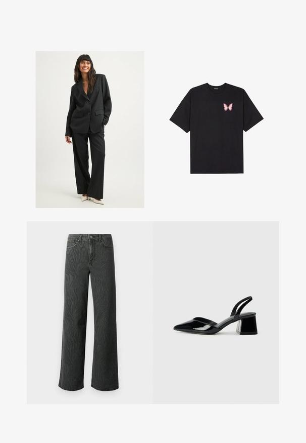 Costume noir à rayures avec une coupe décontractée. Comprend une veste à double bouton et un pantalon à jambes larges. Tissu lisse, accents minimalistes et poches.; T-shirt en coton noir à manches courtes, avec un petit graphique de papillon rose sur la poitrine gauche. Modèle à col rond avec une coupe décontractée.; Jeans évasés en denim gris foncé, présentant une texture subtile à motif zèbre, des coutures contrastées, et un design à cinq poches avec un zip à bouton.; Escarpins en cuir verni noir avec bout pointu et talon bloc géométrique. Présente un design élégant et minimaliste ainsi qu'une texture lisse.
