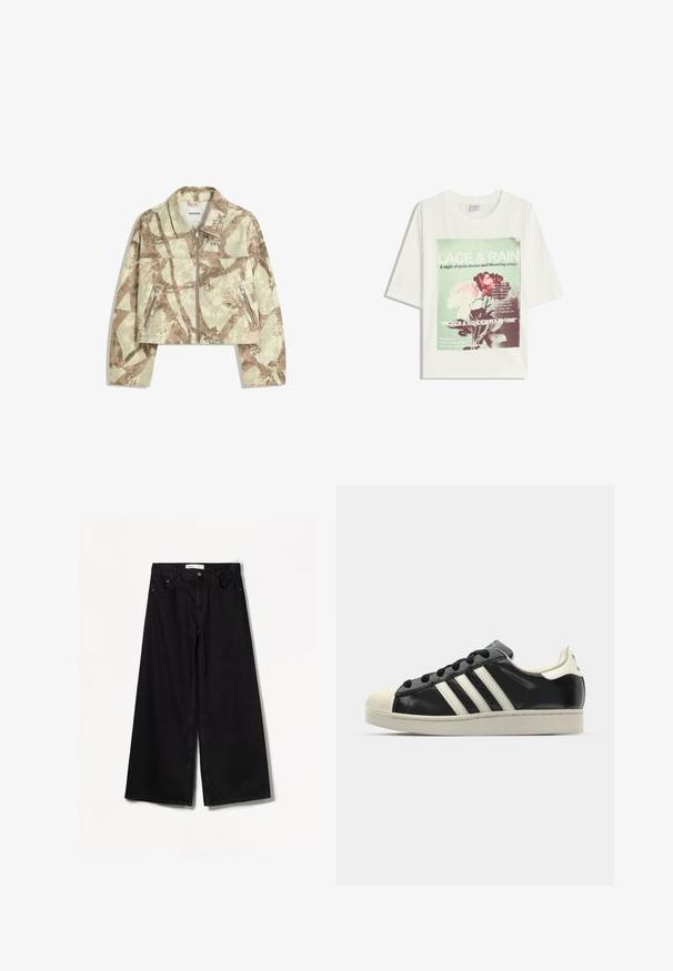 Kurtka typu cropped z abstrakcyjnym wzorem w beżowe i brązowe kamuflaże, z zapięciem na suwak z przodu oraz dwiema bocznymi kieszeniami na suwak. Tekstura mielona.; Biała koszulka z krótkim rękawem z zielonym i różowym nadrukiem kwiatowym oraz tekstem z datami i miejscami koncertów z 1998 roku z przodu.; Bershka WIDE czarny; Czarne skórzane trampki z białymi paskami, gumowym czubkiem, czarnymi sznurówkami i kremową podeszwą. Gładka faktura z połyskującym wykończeniem.