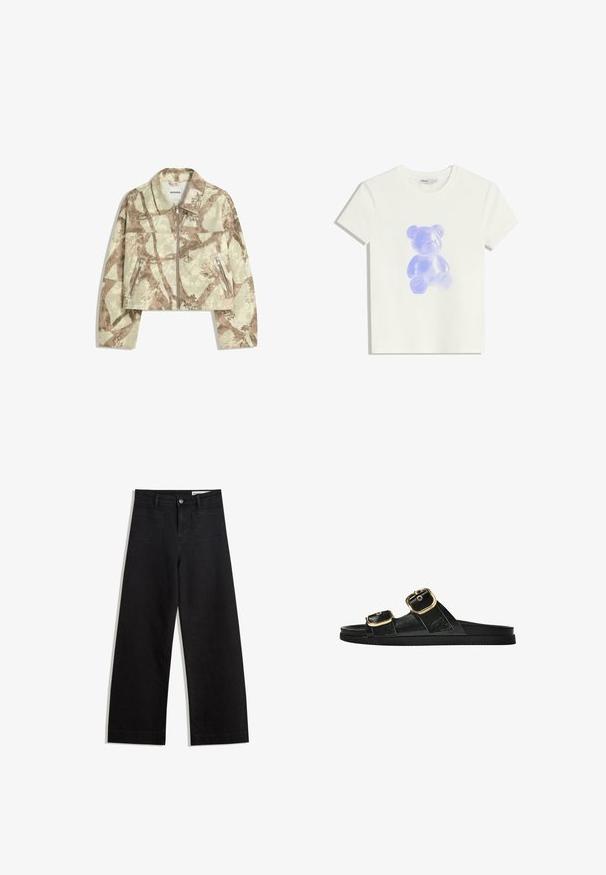 Rövidített kabát bézs és barna absztrakt kamuflázs mintával, elülső cipzárral és két cipzáras oldalzsebbel. Viaszos textúra.; Fehér pamut póló, átlátszó lila mackó grafikával az elején, kerek nyakkal, rövid ujjakkal és laza fazonnal.; Fekete, bő szabású farmernadrág magas derékkal, elülső és hátsó zsebekkel, varrott felületekkel és gombos záródással. Sima textúra.; Fekete csúszó szandál, két arany csattal, sima textúrájú anyagból, lapos talppal és minimalista dizájnnal.
