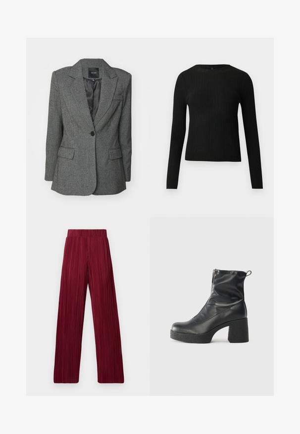 Blazer cinza feito de um tecido texturizado, com lapela em bico, fecho de botão único e dois bolsos frontais. Interior forrado visível.; Suéter preto de mangas compridas com textura canelada, justo ao corpo, com um decote redondo, exibido contra um fundo claro e liso.; Calças largas plissadas em cor bordeaux com cintura elástica. O tecido texturizado apresenta riscas verticais. Corte reto até à bainha.; Botas de tornozelo pretas feitas de couro liso, com fecho lateral, salto grosso texturizado e design de bico arredondado.