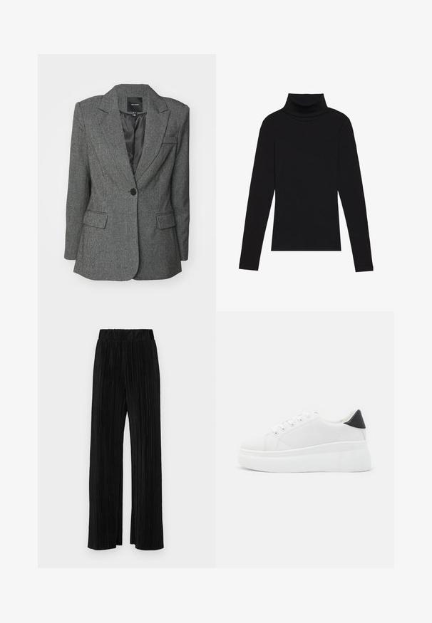 Γκρι σακάκι από υφή υφάσματος, με λαβίδα τύπου notch, κλείσιμο με ένα κουμπί και δύο μπροστινές τσέπες. Ορατό λινάκι στο εσωτερικό.; Μαύρο πουλόβερ με ψηλό λαιμό και μακριά μαν sleeves, κατασκευασμένο από ριγέ ύφασμα, διαθέτει εφαρμοστή γραμμή χωρίς σχέδια ή διακοσμητικά στοιχεία.; Μαύροι πλισέ παντελόνια με ελαστική μέση. Διαθέτουν φαρδιά πόδια και μαλακό, υφασμάτινο υλικό με κατακόρυφες ρίγες.; Λευκά πλατφόρμα αθλητικά παπούτσια κατασκευασμένα από λείο συνθετικό υλικό, με στρογγυλή μύτη, σχέδιο με κορδόνια και υφασμένη καουτσούκ σόλα. Μαύρη έγχρωμη λεπτομέρεια στη φτέρνα.