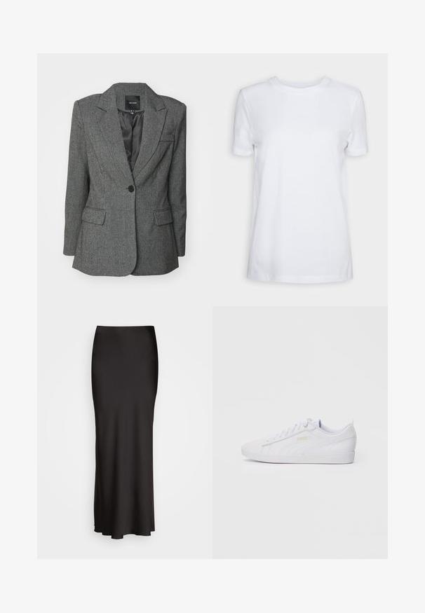 Szürke blézer, struktúrált szövetből, lekerekített hajtókával, egysoros gombolással és két elülső zsebbel. Az bélés belső rész látható.; Fehér, rövid ujjú, pamut póló. Kerek nyakkivágású, sima textúrával, látható minták vagy kiegészítők nélkül. Alap stílus.; Fekete, padlóig érő selymes hatású szoknya, sima textúrával, testhez simuló derékkal és A-vonalú sziluettel, látható díszítések vagy minták nélkül.; Fehér, alacsony szárú Puma sneaker, fűzős elülső résszel, diszkrét logóval az oldalon és a talpon, sima szintetikus felsőrésszel, amely laza viselethez készült.