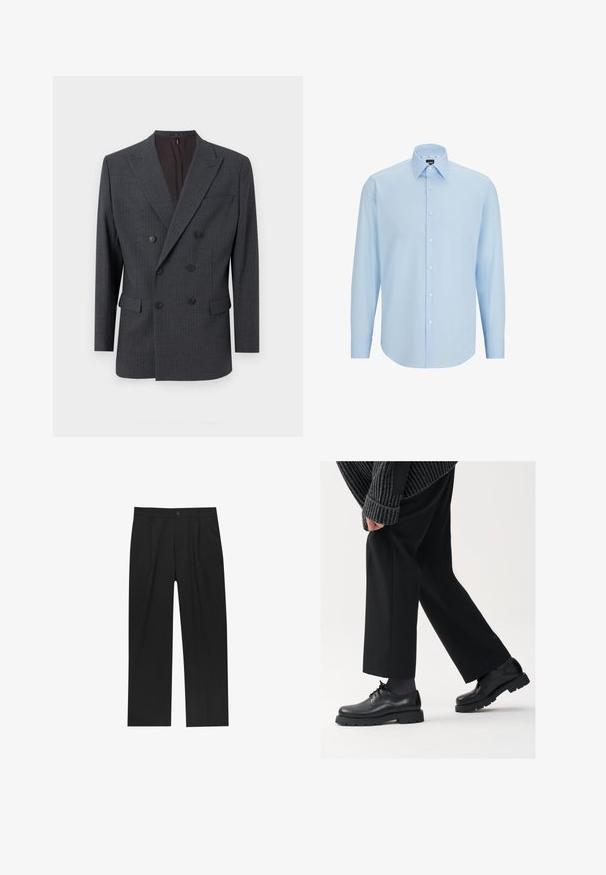 Siva dvostruko zakopčana jakna s prugicama, koja ima rever ovratnik, dvije prednje džepove i crne gumbe. Glatka tekstura tkanine.; Svetlo modra dolga srajca z dolgimi rokavi, izdelana iz gladkega materiala, z gumbom spredaj, konicami ovratnika in običajnim krojem.; Črne hlače z ravnim krojem, narejene iz gladkega materiala. Imajo sprednje gube in enojno zaponko na pasu.; Črne usnjene čEvlje s zaobljenim nosom, zavezovanjem in debelim, teksturiranim podplatom. Obute z urejenimi črnimi hlačami in rebrastim puloverjem.
