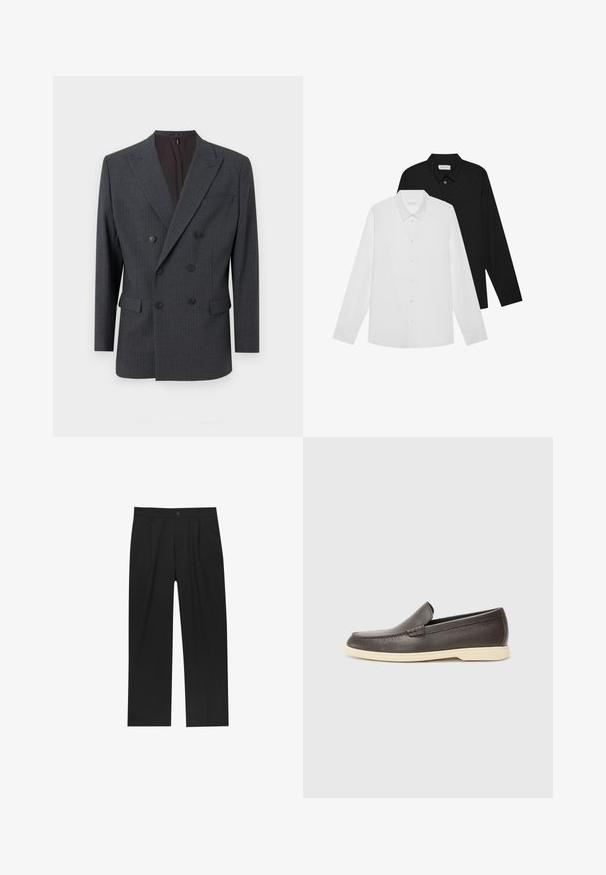 Szary podwójnie zapięty żakiet w paski, z kołnierzem klapowym, dwoma przednimi kieszeniami i czarnymi guzikami. Gładka tekstura materiału.; Białe i czarne koszule z długim rękawem, z zaostrzonymi kołnierzykami, guziki z przodu oraz gładką fakturą materiału. Metki widoczne na wewnętrznej stronie kołnierza.; Czarne spodnie o prostym kroju, wykonane z gładkiego materiału. Posiadają zakładki z przodu i pojedyncze zapięcie na guziki w pasie.; Brązowe skórzane buty wsuwane z teksturowaną powierzchnią i kontrastującą jasnobeżową podeszwą, z zaokrąglonym noskiem i minimalnymi detalami szwów.