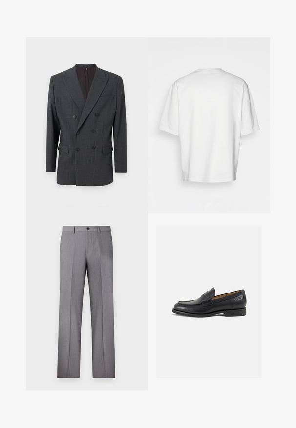 Grijze dubbelzijdige blazer met pinstripes, voorzien van een reverskraag, twee voorzakken en zwarte knopen. Glad stofoppervlak.; Witte t-shirt met korte mouwen, losse fit, ronde halslijn, gladde katoenen stof, ongeversierde achterkant, rechte zoom, geen patronen of accenten.; Grijze op maat gemaakte broek met een platte voorkant, twee zijzakken en een enkele knoopsluiting. Glad textuur met een subtiel streepjespatroon.; Zwarte leren loafers met een gladde afwerking, ronde neus en decoratieve stiksels op de wreef. Lage gestapelde hak en een lichte glans.