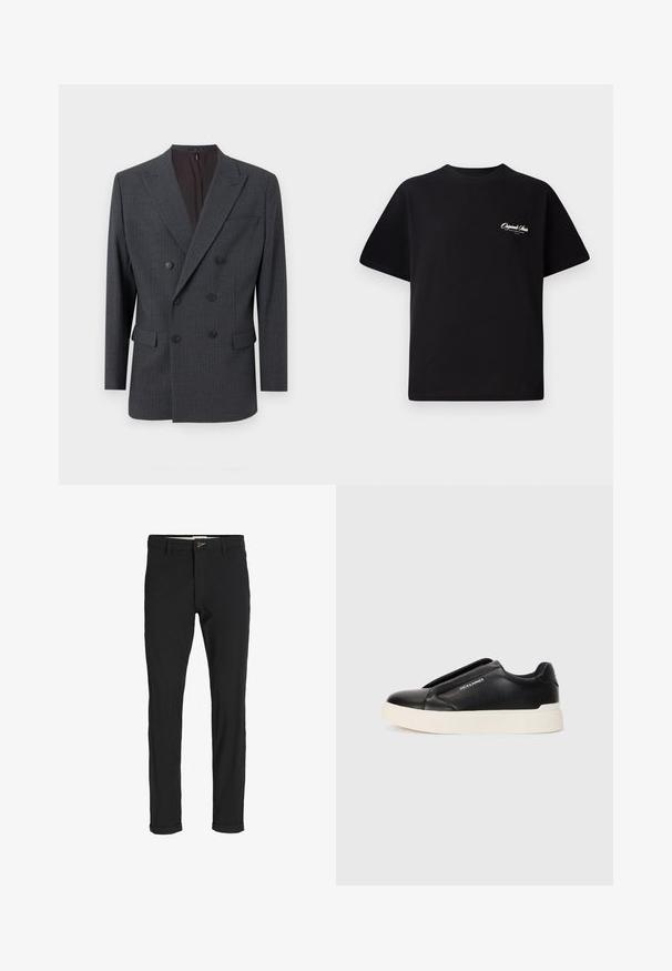 Grau gestreifter doppelt knöpfbarer Blazer mit Reverskragen, zwei vorderen Taschen und schwarzen Knöpfen. Glatte Stofftextur.; Schwarzes Baumwoll-T-Shirt mit Rundhalsausschnitt, kurzen Ärmeln und kleinem weißen Logotext auf der linken Brust. Schlichtes Design, klassischer Schnitt.; Schwarze Baumwollmischungshose mit schmalem Schnitt, gekennzeichnet durch einen Knopfverschluss, Taschen und umgeschlagenen Säumen für einen lässigen Abschluss.; Schwarzer Schlupfschuh aus strukturiertem Lederobermaterial, mit weißer Gummisohle und ohne sichtbare Schnürsenkel. Mit Markenlogo an der Seite.