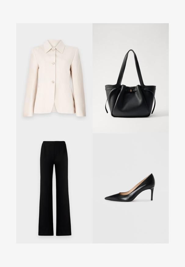 Lichtbeige blazer met een gelapte kraag, vijf knopen aan de voorkant en een gladde textuur. Getailleerde pasvorm met lange mouwen en zijzakken.; Zwarte t-shirt met korte mouwen en ronde hals met een wit label binnen in de kraag, waarop "D.R.C. EST. 2002" staat, tegen een witte achtergrond.; Zwarte, wijde broek van zachte stof met een elastische tailleband, met een gladde textuur en zonder zichtbare zakken of versieringen.; Zwarte leren hoge hakken met een spitse neus, slank silhouet en een gladde textuur. Beschikt over een dunne hak en een lage uitsnijding aan de zijkanten.; Zwarte lederen tote bag met twee lange hengsels, een gathered bovenkant en een gouden ronde accent. Glad textuur met een minimalistisch ontwerp.